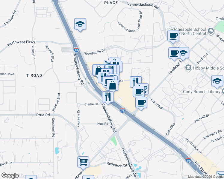 map of restaurants, bars, coffee shops, grocery stores, and more near 11075 Huebner Oaks in San Antonio