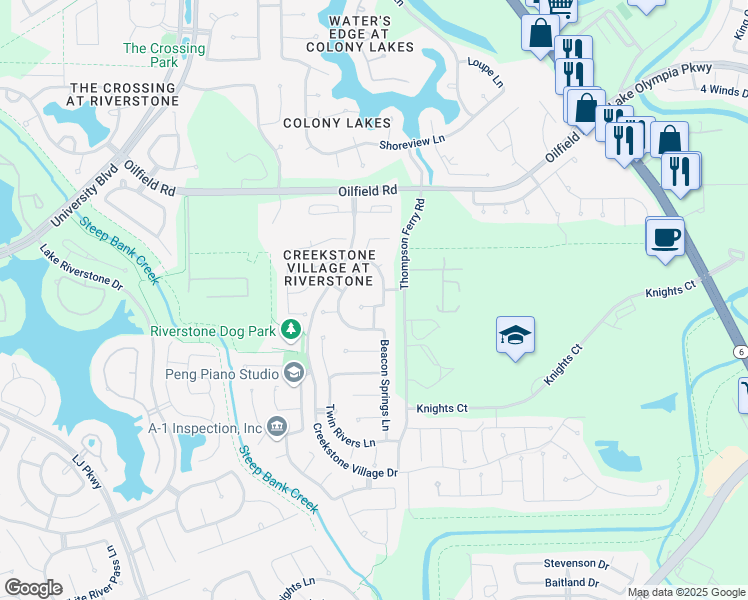 map of restaurants, bars, coffee shops, grocery stores, and more near 3810 Dover Bluff Lane in Sugar Land