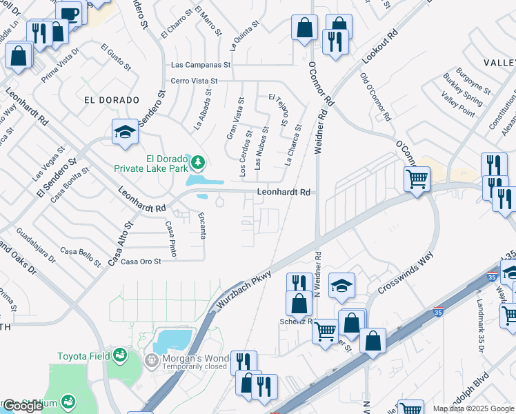 map of restaurants, bars, coffee shops, grocery stores, and more near 5302 Leonhardt Road in San Antonio