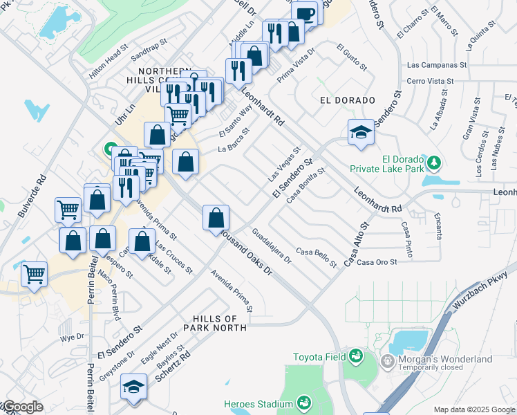 map of restaurants, bars, coffee shops, grocery stores, and more near 11903 El Sendero Street in San Antonio
