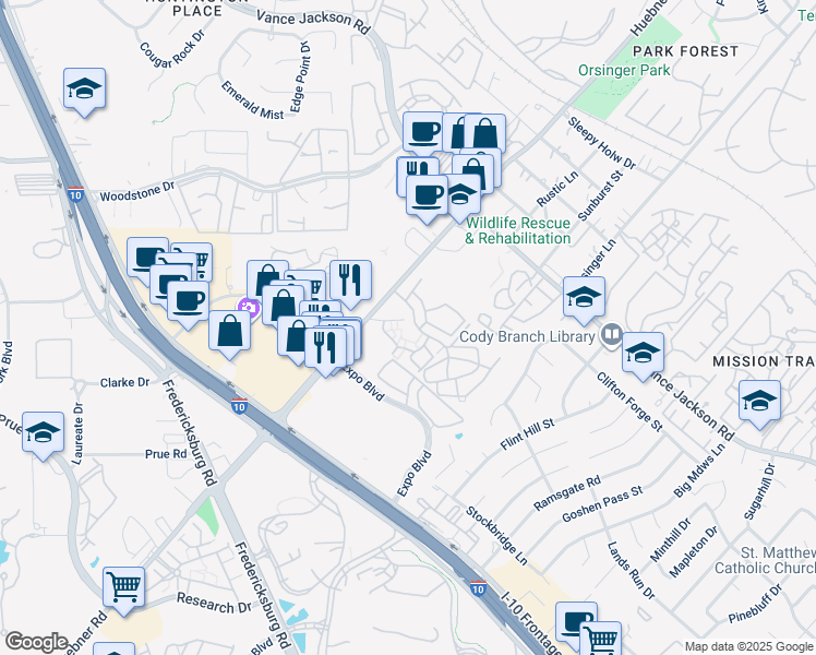 map of restaurants, bars, coffee shops, grocery stores, and more near 11500 Huebner Road in San Antonio