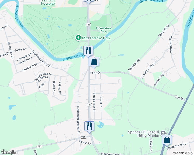 map of restaurants, bars, coffee shops, grocery stores, and more near 121 Tor Drive in Seguin
