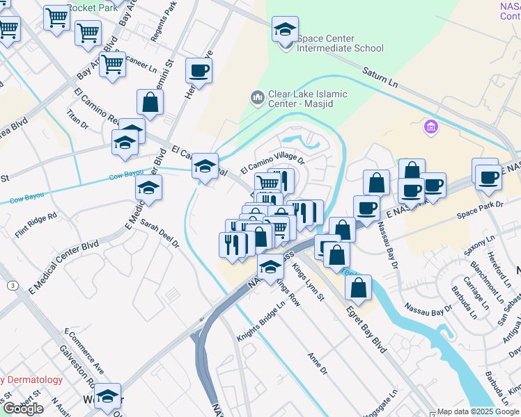 map of restaurants, bars, coffee shops, grocery stores, and more near 17652 El Camino Real in Houston