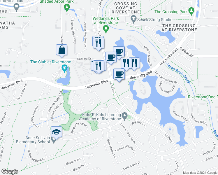 map of restaurants, bars, coffee shops, grocery stores, and more near in Fort Bend County