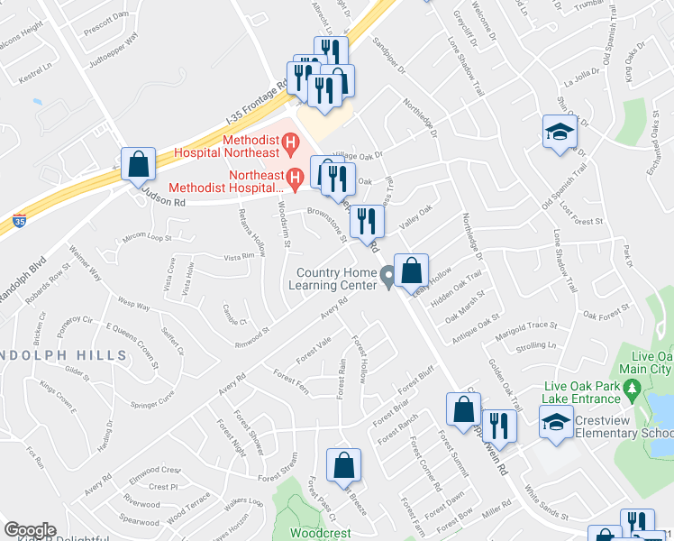 map of restaurants, bars, coffee shops, grocery stores, and more near 12050 Wilderness Trail in Live Oak
