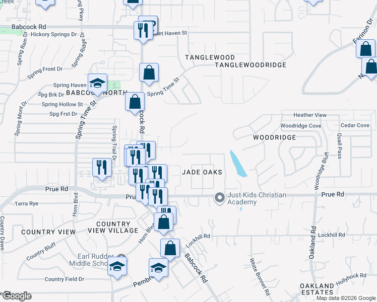 map of restaurants, bars, coffee shops, grocery stores, and more near 6555 Jade Meadow in San Antonio