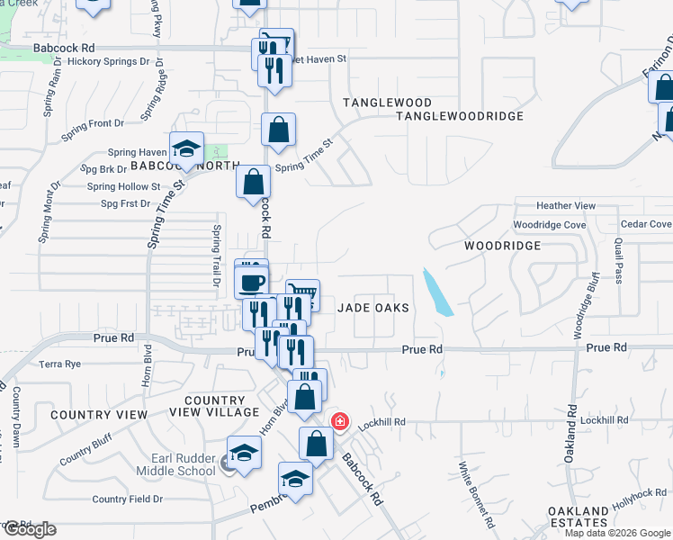 map of restaurants, bars, coffee shops, grocery stores, and more near 6555 Jade Meadow in San Antonio