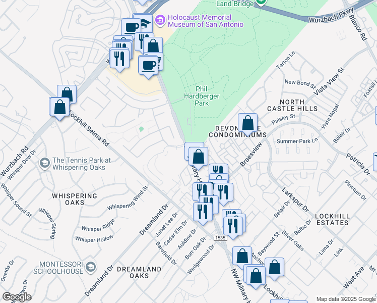 map of restaurants, bars, coffee shops, grocery stores, and more near 2447 Northwest Military Highway in San Antonio