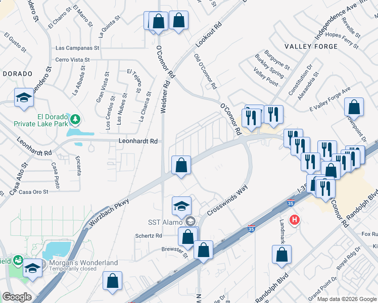 map of restaurants, bars, coffee shops, grocery stores, and more near 180 Leafy Lane in San Antonio