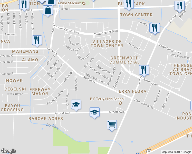 map of restaurants, bars, coffee shops, grocery stores, and more near 4717 Woodway Avenue in Rosenberg