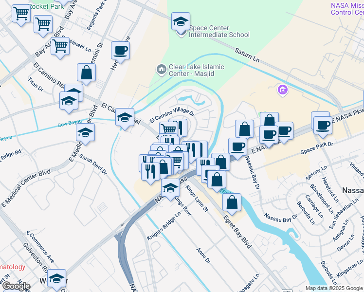 map of restaurants, bars, coffee shops, grocery stores, and more near 1210 El Camino Village Dr in Houston