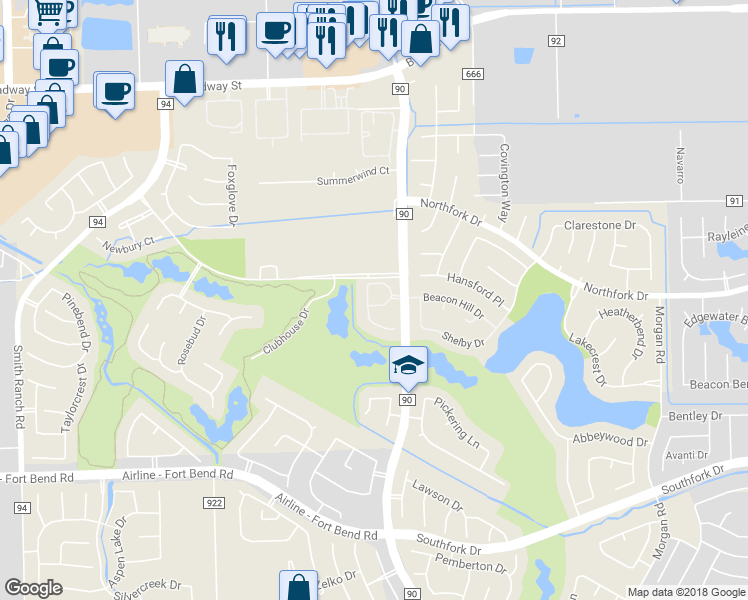 map of restaurants, bars, coffee shops, grocery stores, and more near 3305 Knollcrest Lane in Pearland