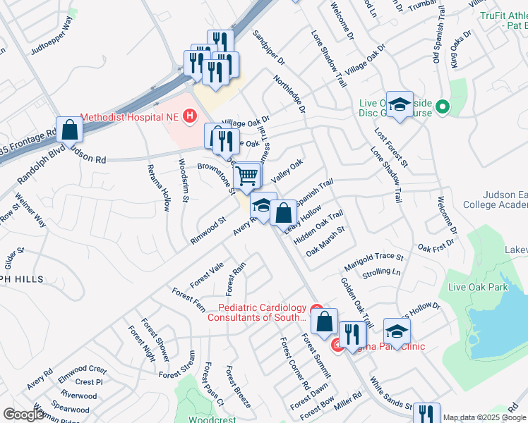 map of restaurants, bars, coffee shops, grocery stores, and more near Toepperwein Road & Avery Road in Live Oak