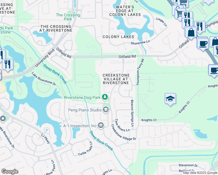 map of restaurants, bars, coffee shops, grocery stores, and more near 5219 Pebble Bluff Lane in Sugar Land