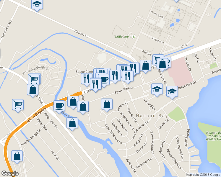 map of restaurants, bars, coffee shops, grocery stores, and more near 1410 NASA Road 1 in Houston