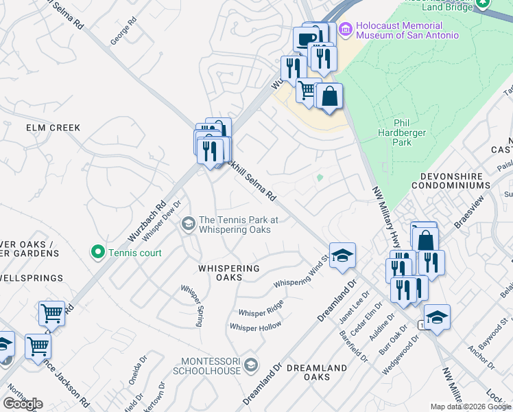 map of restaurants, bars, coffee shops, grocery stores, and more near 2815 Whisper Fawn Street in San Antonio