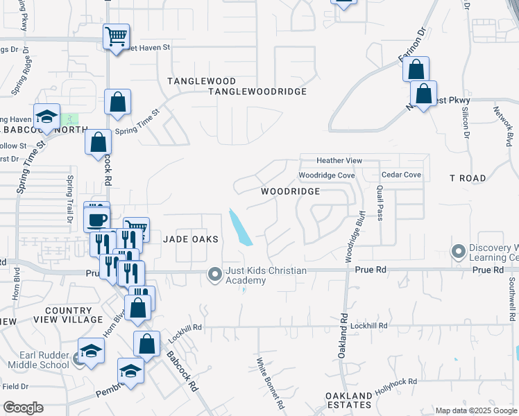 map of restaurants, bars, coffee shops, grocery stores, and more near 6119 Wood Bayou in San Antonio