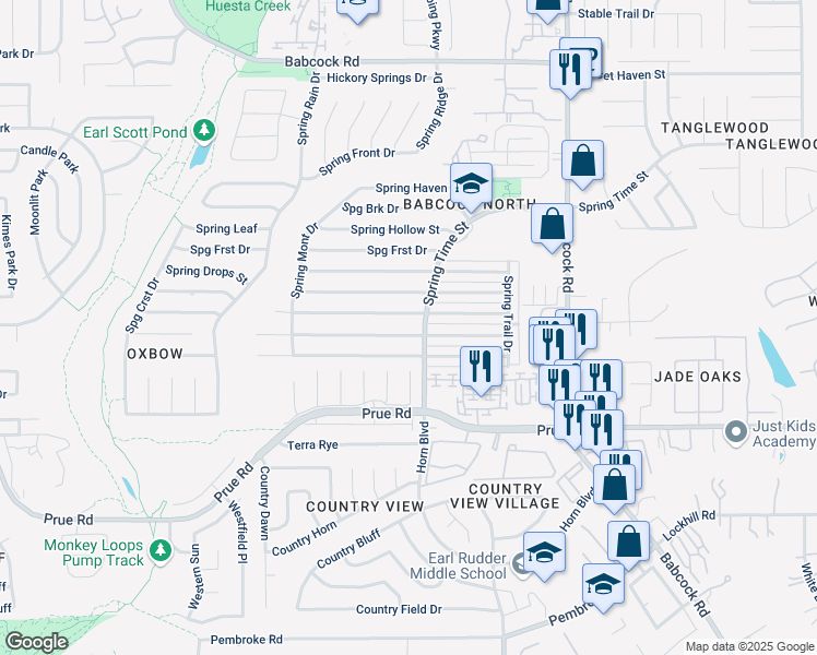 map of restaurants, bars, coffee shops, grocery stores, and more near 6626 Spring Lark Drive in San Antonio