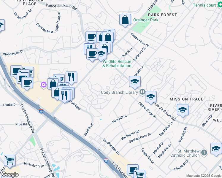 map of restaurants, bars, coffee shops, grocery stores, and more near 11707 Vance Jackson Road in San Antonio