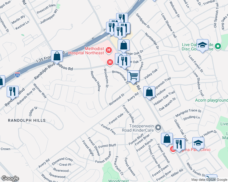 map of restaurants, bars, coffee shops, grocery stores, and more near 7214 Faros Court in Live Oak