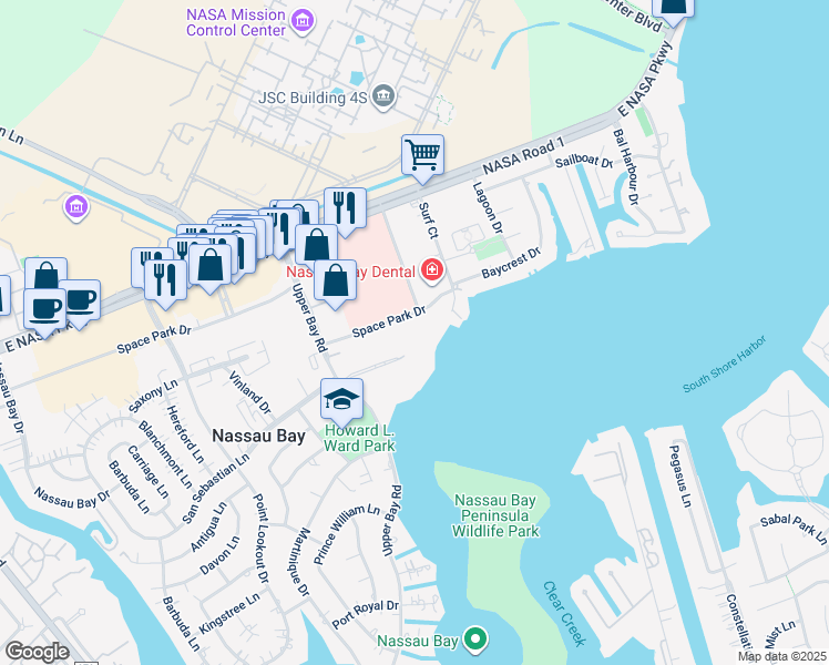 map of restaurants, bars, coffee shops, grocery stores, and more near 2100 Space Park Drive in Houston