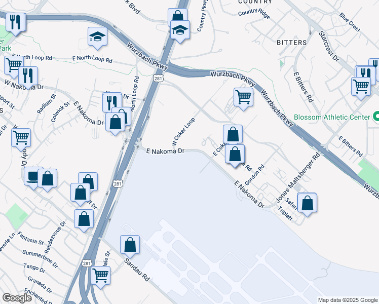map of restaurants, bars, coffee shops, grocery stores, and more near 550 East Nakoma Drive in San Antonio