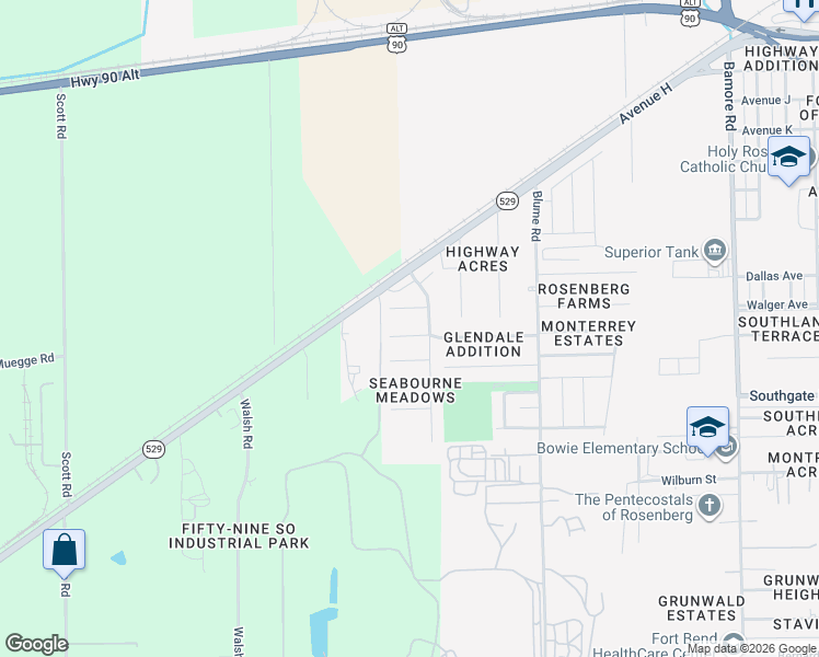 map of restaurants, bars, coffee shops, grocery stores, and more near 1014 Vera Cruz Drive in Rosenberg
