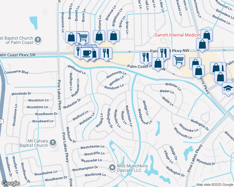 map of restaurants, bars, coffee shops, grocery stores, and more near 174 Wellington Drive in Palm Coast
