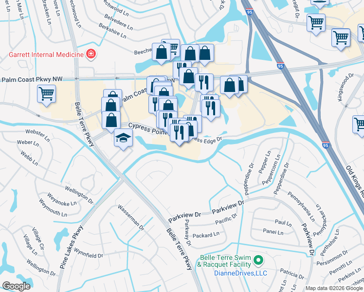 map of restaurants, bars, coffee shops, grocery stores, and more near 160 Cypress Point Parkway in Palm Coast