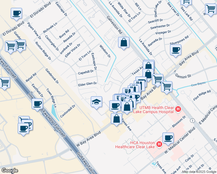 map of restaurants, bars, coffee shops, grocery stores, and more near 500 West Texas Avenue in Webster