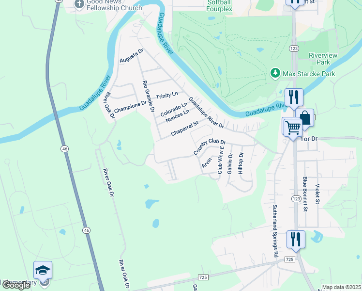 map of restaurants, bars, coffee shops, grocery stores, and more near 143 Chapparral Drive in Seguin