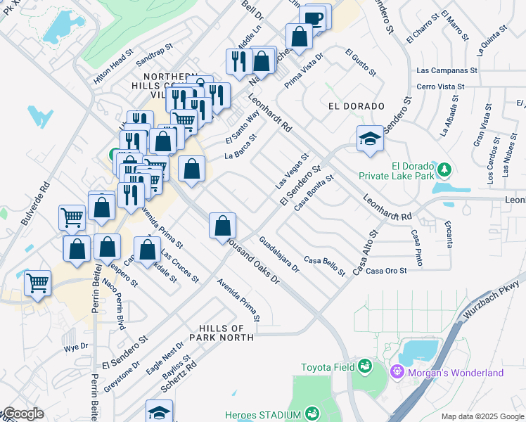 map of restaurants, bars, coffee shops, grocery stores, and more near 11906 Los Cerros Street in San Antonio