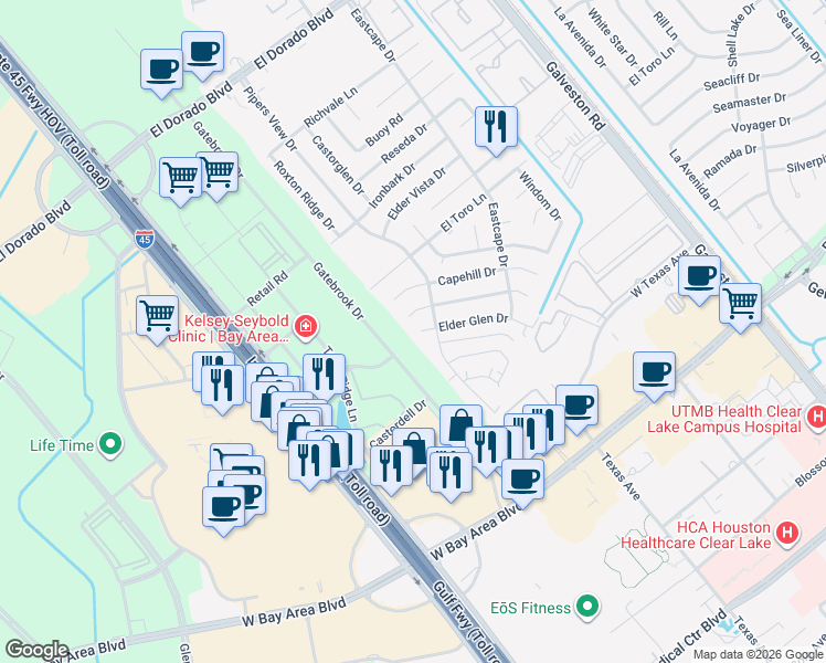 map of restaurants, bars, coffee shops, grocery stores, and more near 302 Village Creek Drive in Webster