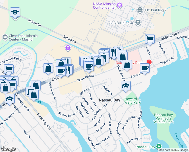 map of restaurants, bars, coffee shops, grocery stores, and more near Space Park Drive in Nassau Bay
