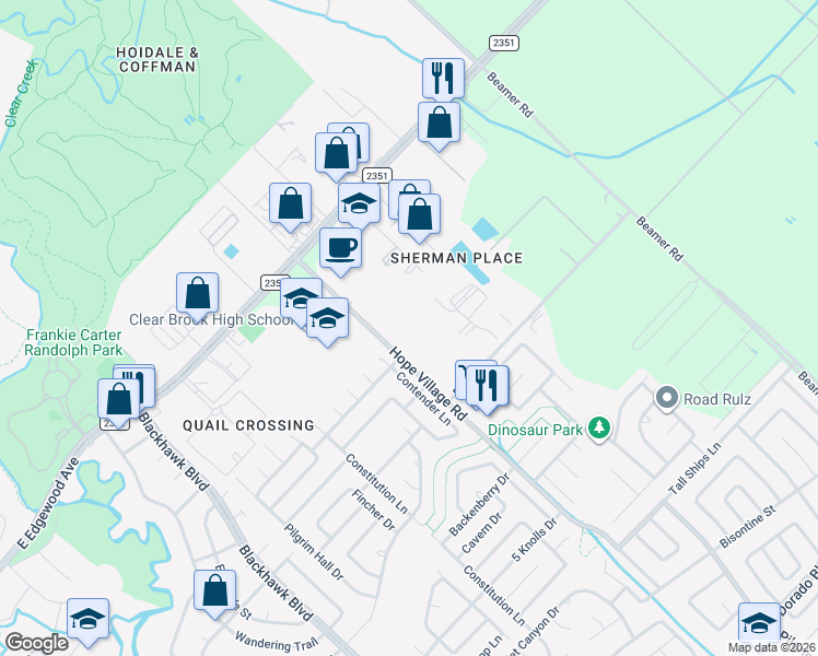map of restaurants, bars, coffee shops, grocery stores, and more near 15511 Hope Village Road in Friendswood