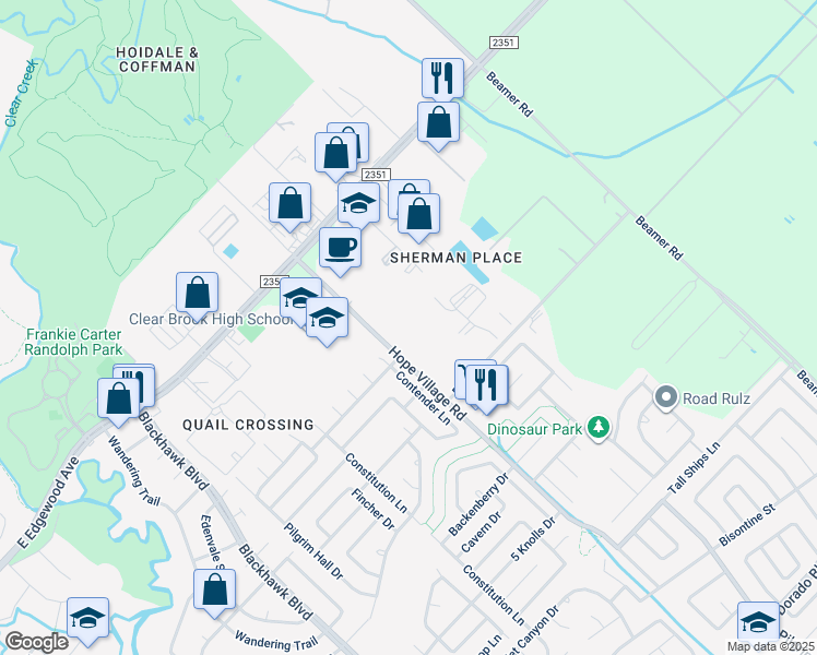 map of restaurants, bars, coffee shops, grocery stores, and more near 15511 Hope Village Road in Friendswood