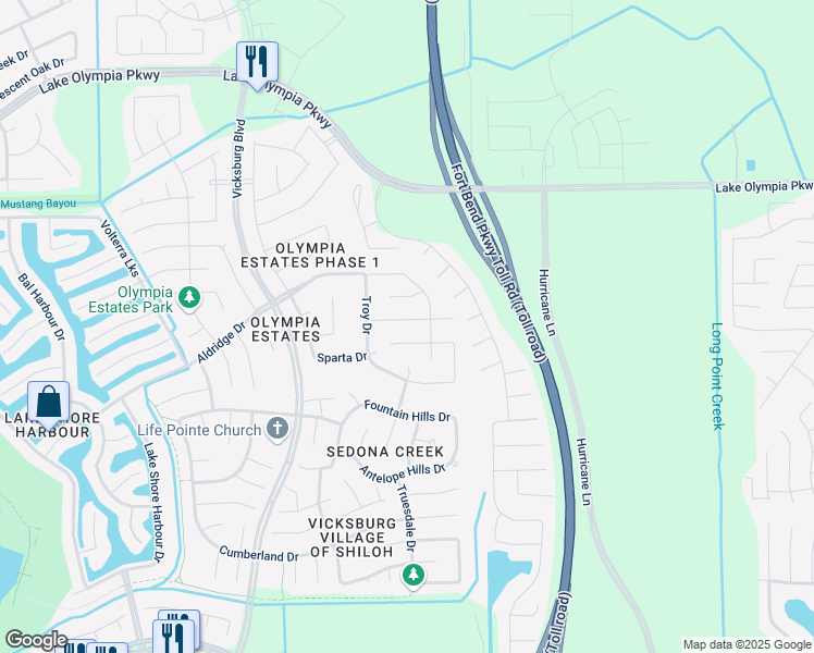 map of restaurants, bars, coffee shops, grocery stores, and more near 3326 Chimera Lane in Missouri City
