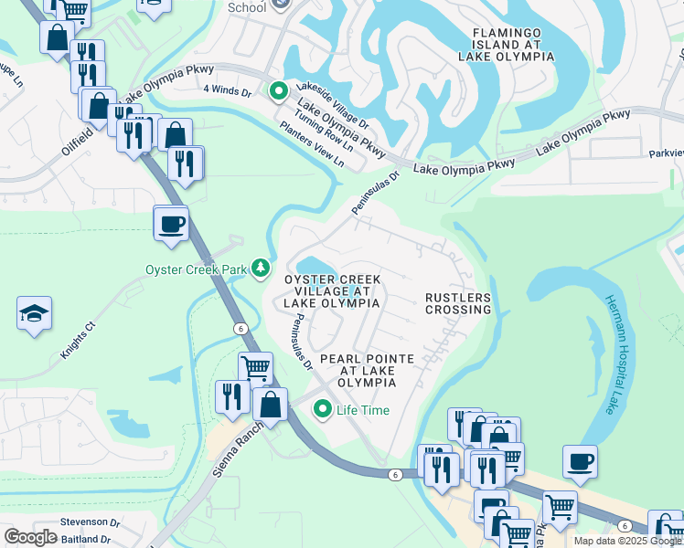 map of restaurants, bars, coffee shops, grocery stores, and more near 510 Hawthorn Place in Missouri City
