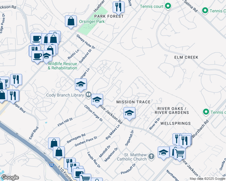 map of restaurants, bars, coffee shops, grocery stores, and more near 11444 Vance Jackson Road in San Antonio