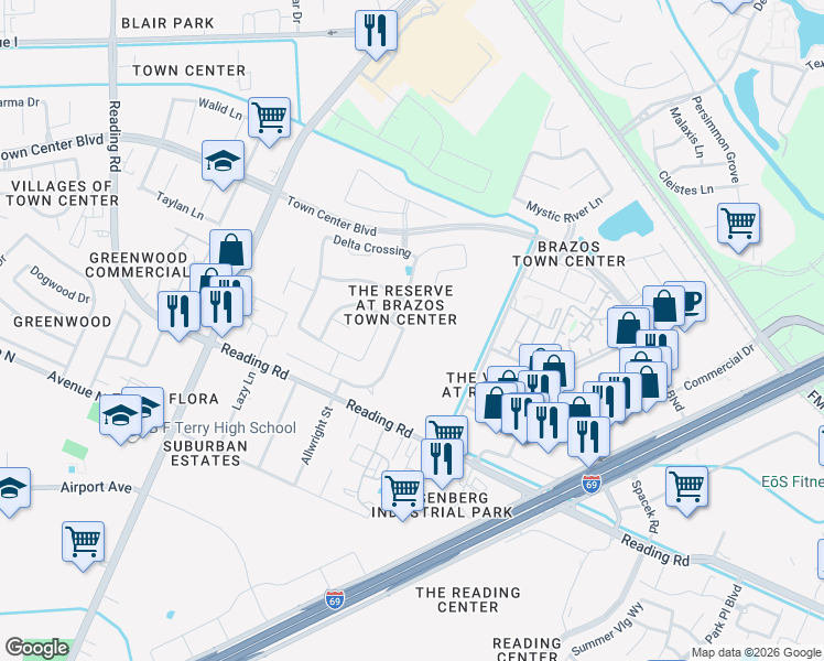 map of restaurants, bars, coffee shops, grocery stores, and more near 6515 Fisher Bend Lane in Rosenberg
