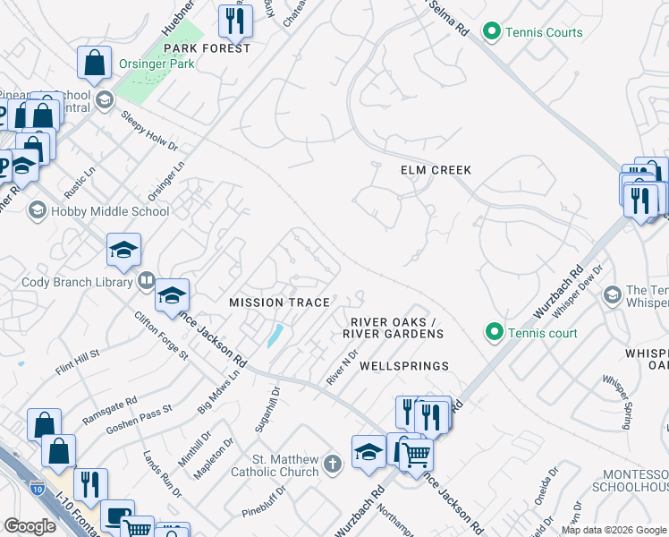 map of restaurants, bars, coffee shops, grocery stores, and more near 11702 Mission Trace Street in San Antonio