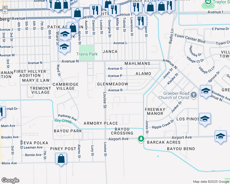 map of restaurants, bars, coffee shops, grocery stores, and more near 3312 Avenue R in Rosenberg