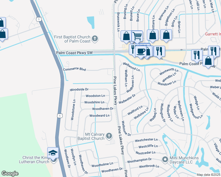 map of restaurants, bars, coffee shops, grocery stores, and more near 103 Woodside Drive in Palm Coast