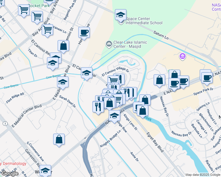 map of restaurants, bars, coffee shops, grocery stores, and more near 17800 El Camino Real in Houston