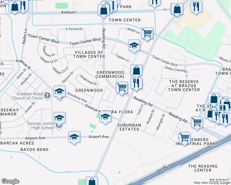 map of restaurants, bars, coffee shops, grocery stores, and more near 5233 Hardwood Drive in Rosenberg