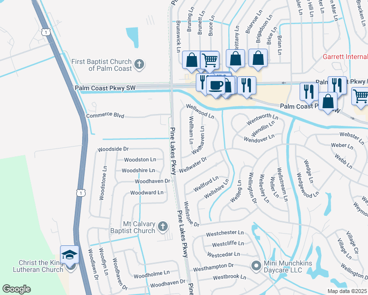 map of restaurants, bars, coffee shops, grocery stores, and more near 30 Wellwood Lane in Palm Coast