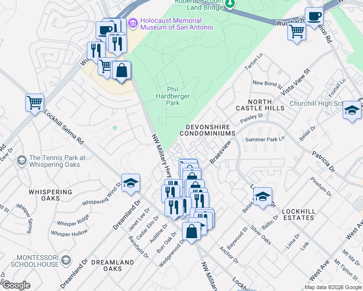 map of restaurants, bars, coffee shops, grocery stores, and more near Beacon Creek in San Antonio