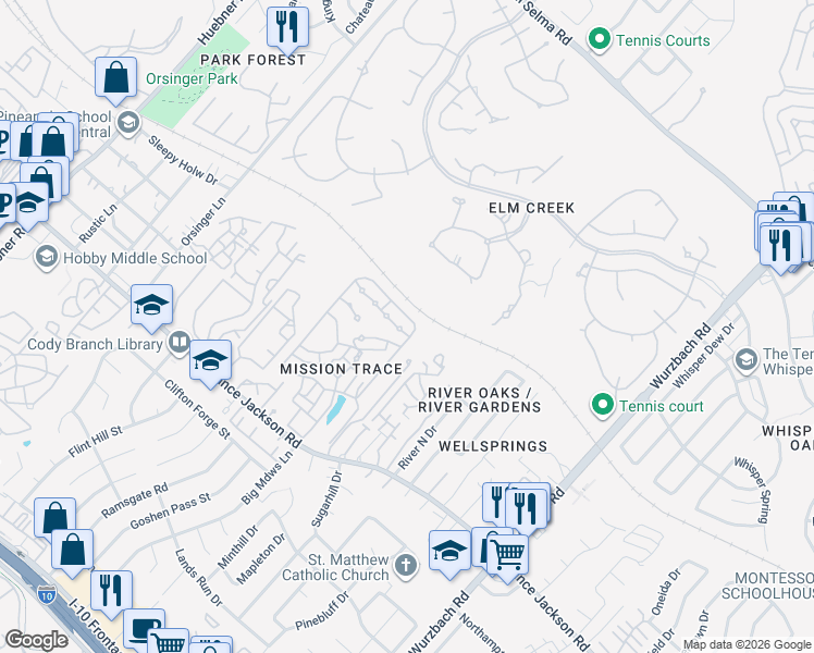 map of restaurants, bars, coffee shops, grocery stores, and more near 11702 Mission Trace Street in San Antonio