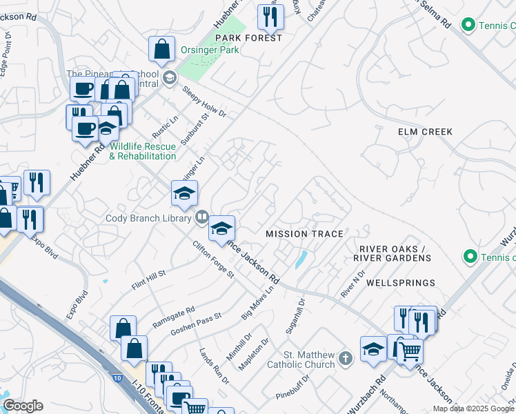 map of restaurants, bars, coffee shops, grocery stores, and more near 11444 Vance Jackson Road in San Antonio