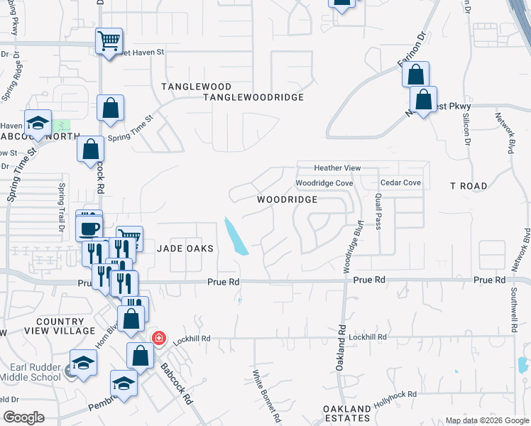 map of restaurants, bars, coffee shops, grocery stores, and more near 6119 Wood Bayou in San Antonio